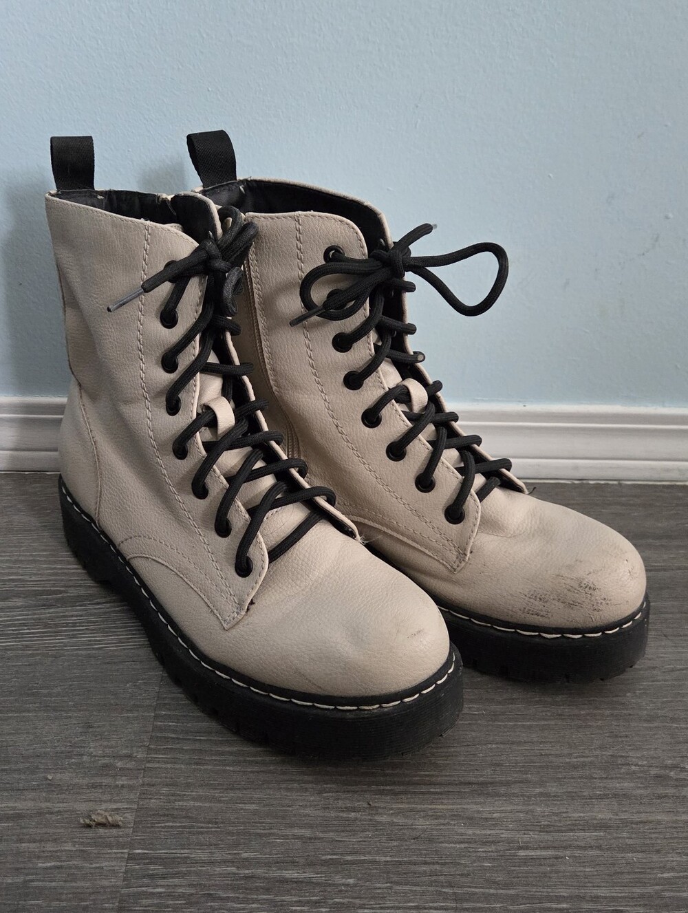 Cream Lace-Up Combat Boots with Black Sole